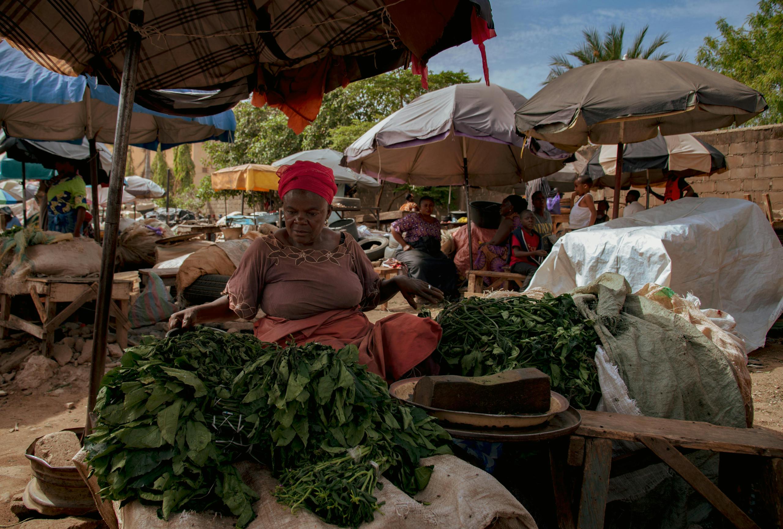 A bustling outdoor market scene with a merchant selling fresh greens under colorful umbrellas.